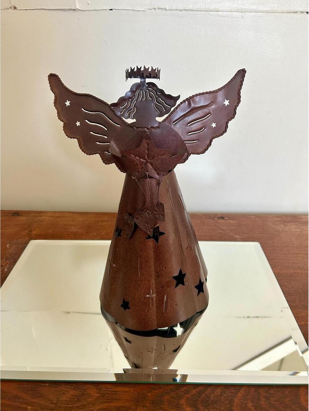 Vintage Primitive Punched Tin Angel Tealight Candle Holder With Dangling Hearts